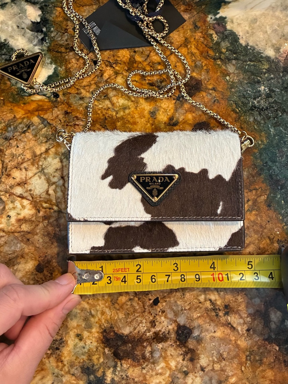 Prada Cowhide Patchwork Crossbody in Brown & White with Gold Chain - Picture 3 of 12